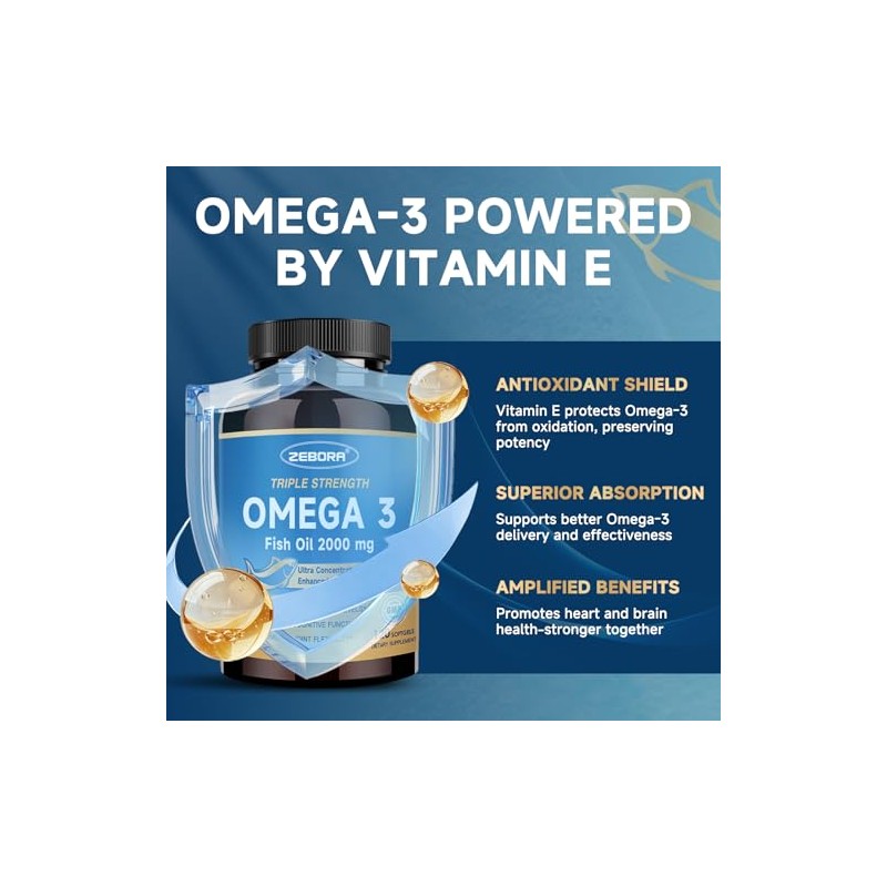 ZEBORA Aceite de pescado Omega-3 de triple potencia 2000 mg