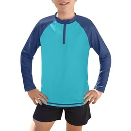 BesserBay Boys' Long-Sleeved Stand-Up Collar UV Shirt 1/4 Zip Rash Guard UPF 50+ Children 110-150, Navy & Light Blue
