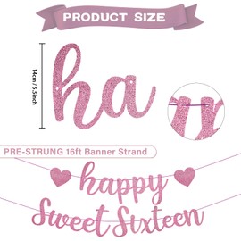 GBAUKAFHE Pre-Strung Pink Happy Sweet Sixteen Birthday Banner - NO DIY Rose Gold Glitter Sweet 16 Party Banner Garland on Rose Gold Birthday Party Decoration Happy 16th Birthday Sign for Girls Women