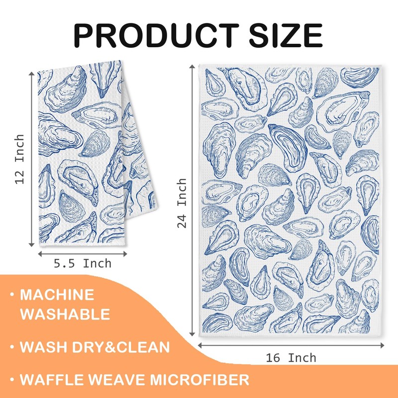 Trenstise Blue Coastal Oyster Kitchen Towels, Beach Bathroom Decor, Retro