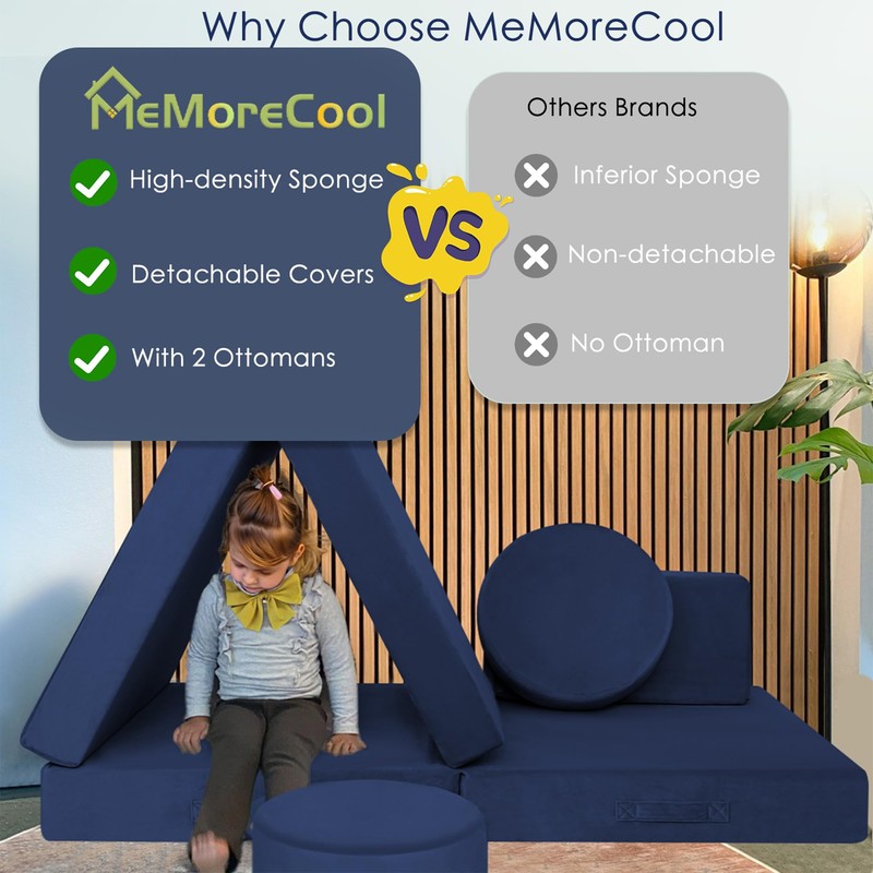 MeMoreCool Modular Kids Couch for Playroom, Navy Foam Play Couch