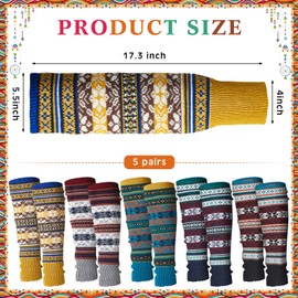 Liitrsh 5 Pairs Boho Long Leg Warmers for Women Winter Christmas Wool Bohemian Leg Warmers with Crochet Flowers(Elegant Color)
