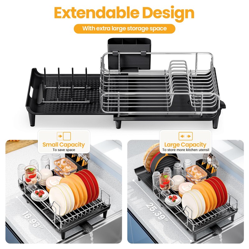 TOOLF Expandable Dish Rack, Dish Drying Rack for Kitchen Counter,