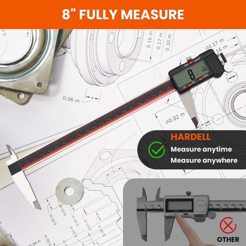 HARDELL Digital Caliper, 0-8 Inch Caliper Measuring Tool with Large