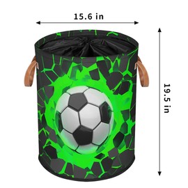 Round Laundry Basket with Lid, Soccer Ball Collapsible Large Drawstring Laundry Hamper Storage with Handle, Toy Clothes Storage Basket for Nursery Playroom