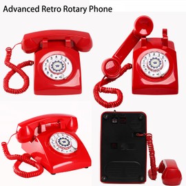Red Retro Rotary Phone Mechanical Bell, Updated Antique 1960s Telephone(Removable Cord), Old Fashioned Rotary Dial Telephone (Ringer High/Off), Retro Photo Shoot Prop, Vintage Landline Phone for Home