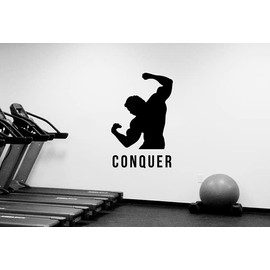 Conquer Inspirational Word Wall Sticker Fitness Workout Bodybuilder Silhouette Vinyl Decal Bodybuilding Art Train Success Decorations for Home Sports Exercise Training Room Gym Decor hq105