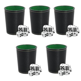 Smilbaley Pack of 5 dice cups, 25 pieces dice, leather dice cups, black dice cup, quality dice cup, quiet dice cup, suitable for bar, KTV, camping games