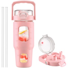 BLUEGO 32oz Glass Water Bottle with Handle and Straw|Leakproof Sports Glass Bottle with Time Marker and Silicone Sleeve|Glass Drinking Bottle for Travel, Gym, Workout, Pink