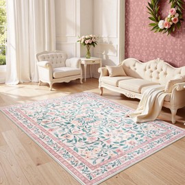 Collive Pink 5x7 Floral Area Rug, Washable Vintage Rug for Bedroom Girls, Non Slip Soft Ultra Thin Throw Indoor Decor Carpet for Living Room Nursery Laundry Playroom