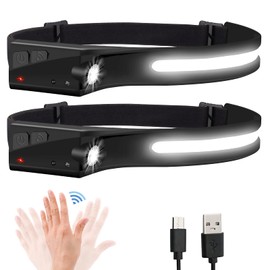 Headlamp Flashlight, 2Pack Rechargeable LED Headlamps 1200Lumens 2 COB 230°Wide Beam Headlight with Motion Sensor Bright 5 Modes Lightweight Waterproof Head Lamp for Outdoor Running, Camping Hiking