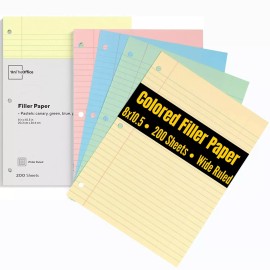 1InTheOffice Colored Filler Paper 8.5x11, Wide Ruled Lined, Pastel, 200/Pack