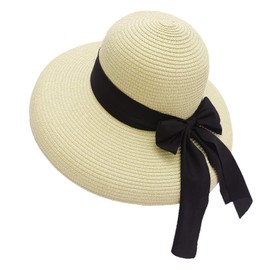 Qchomee Women Wide Brim Straw Hat Ladies Panama Church Derby Cap Sun with Bow Bucket Summer Trilby Travel Beach Classic Flat Fedora for Wedding Party Talent Show Performance Beige