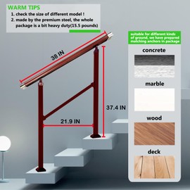 Stair Railings for Outdoor Steps, Wood Brown Imitation Hand Rail, Porch Handrails for Stairs, 3 Steps Handrails Outdoor, Metal Railings for Wooden,Concrete,Brick Steps, with Installation Kit