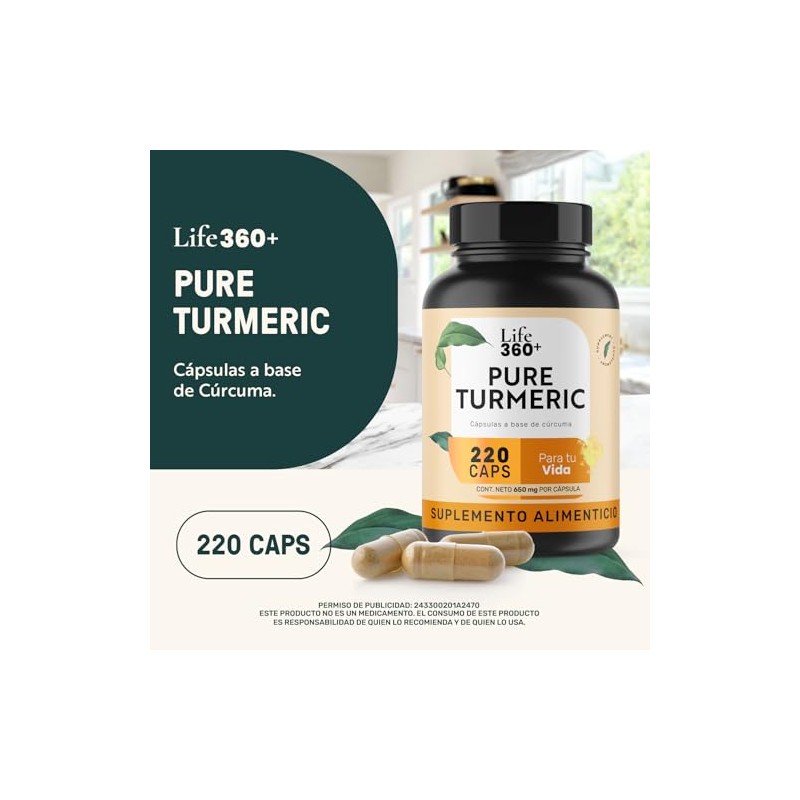 Life360 Cúrcuma Pura 220 Cápsulas Alta Absorción Raíz 1300 Por