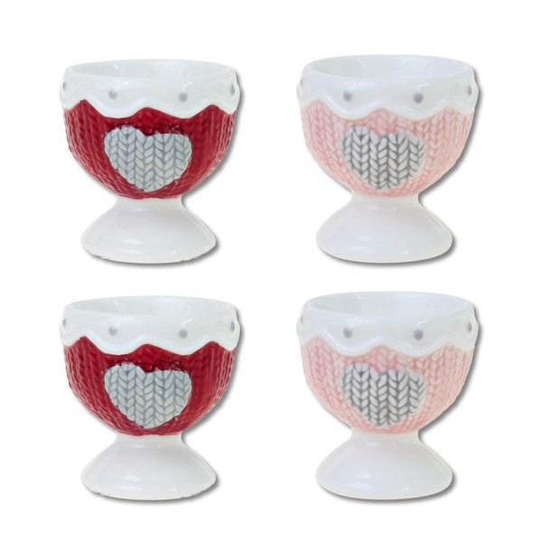 Flanacom Egg Cup Set Made of Porcelain, Funny Egg Cup, Gift for Housewarming, Children's Egg Cups, Funny Egg Cups, Porcelain, New Home Gift (Hearts Set of 4)