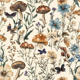 Froluya Mushroom Wallpaper Peel and Stick Vintage Floral Contact Paper 16.9" x 118.1" Boho Self Adhesive Removable Wallpaper Mushroom Forest Decorative Contact Paper for Bathroom Cabinets Vinyl