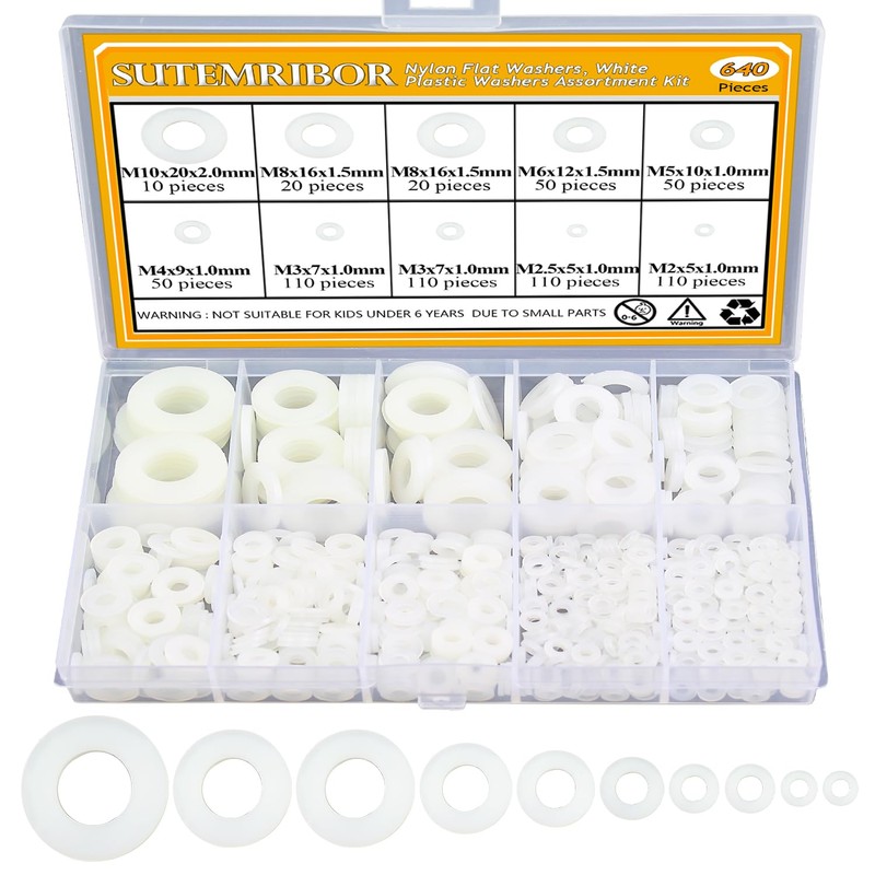 Sutemribor 640-Piece 8-Size White Nylon Washers Assortment Kit - Metric