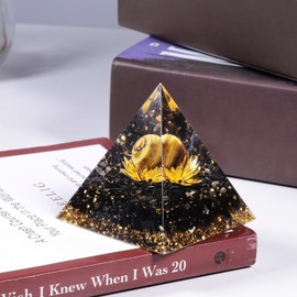 mookaitedecor Tiger's Eye Stone Crystal Pyramid with Obsidian Tumbled Stones Crystal Ball on Golden Lotus Chakra Energy Generator for Protection Reiki Healing Meditation Office Home Decoration