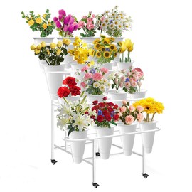 JIANFA 4 Tier Metal Plant Display Stand with 16PCS Plastic Buckets for Fresh Flowers Heavy Duty Garden Cart Moving Flower Bucket Stand with Wheels for Florist, Patio Garden (White)