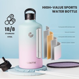 COKTIK 128 oz/One Gallon Water Bottle Insulated, Double Walled Vacumm Metal Stainless Steel Sports Water Bottle with Reusable 2 Lids for Sports, Gym, Fitness or Office(Bubble Gum)