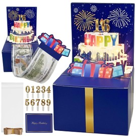 JINSTABAG Birthday Money Box for Cash Gift, Money Pull Box with Music Light DIY Sticker 13th 16th 18th 21th Any Age and Banner, Birthday Decorations for Boys Girls Kids Adult (Dark Blue)