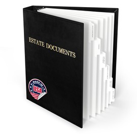 Estate Planning Binder DX Pre-Labeled Tabs, 1.5-Inch Angle D Ring, Faux Leather, Sheet Protectors– Organizing Wills, Trusts, Powers of Attorney (Gold on Black - Deluxe) + Linen Folder