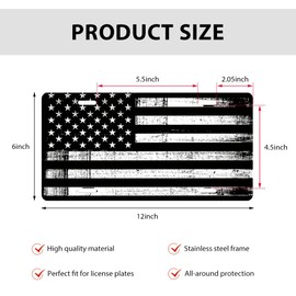 DXNQ Vintage American Flag Front License Plate Frame, Personalise USA Flag Car Front License Plate Tag with 4 Screws, Aluminum Rust-Proof Patriotic US Flag Vanity Tag Auto Plate Decor (Black & White)