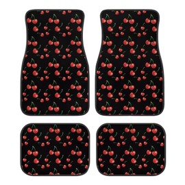 Black Red Cherry Print Cute Patterned Cloth Car Floor Mats Universal Fit All Weather Trim to Fit for Most Automotive SUV Sedans Trucks