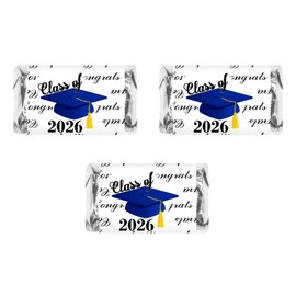 60 Graduation Cap Party Class of 2026 Miniatures Candy Bar Wrapper, (Set of 60) Mini Candy Chocolate Bar Stickers, Labels, Candy Not Included, Color Blue. Made in USA