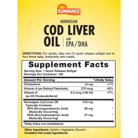 Sundance Norwegian Cod Liver Oil | 100 Softgels | With EPA & DHA | Non-GMO | by Sundance