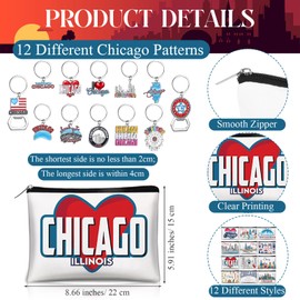 Reginary 24 Pcs State Souvenir Gifts 12 Metal Keychain and 12 City Cosmetic Bag USA Texas Florida California Chicago Souvenir Themed Gifts for Women Traveler Birthday Christmas Party (Chicago)