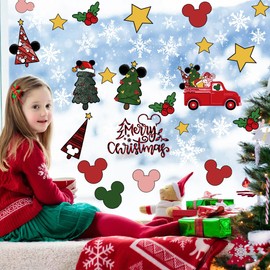 9Sheets Christmas Window Clings Party Decorations Christmas Tree Mouse Car Snowflake Xmas Decor Merry Christmas Decals for Windows New Year Winter Office Home Hotel Decorations