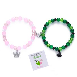 TOOMCYD Elphaba Galinda Matching Friendship Bracelets, Green Crystal Beads with Hat Charms and Pink Beads with Crown Set, BFF Couples Gift for Fans Women Party Decor