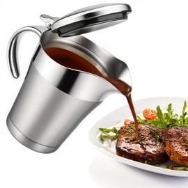 GOEDCH Stainless Steel Thermal Gravy Boat 450 ml: Double Insulated with Hinged Lid Sauce Jug Insulated Sauce Container with Handle for Serving Sauce Custard Cream Home or Dinner Parties