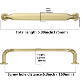 SYZOW Pack of 6 Furniture Handles, Brushed Brass, 160 mm Hole Spacing, Vintage Cabinet Handles, Kitchen Handles, Drawer Handles