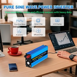SUNWHEEL 1100 Watt Pure Sine Wave Inverter, Solar Power Inverter, 12V DC to 110V AC Converter for RV, Home, Truck, Coffee Maker, Washer, TV, Fridge, Solar Power Pack with 2 AC Outlets and LCD Display