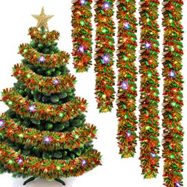 Christmas Garland Prelit Tinsel 32.8 Ft, Green Red Metallic Garlands with 100 LED Lights for Christmas Tree Wreath New Year Party Home Railing Holiday Indoor Outdoor Wedding Decorations