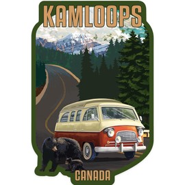 Lantern Press Sticker Kamloops, Canada, Bears and Camper Van, Die Cut Vinyl, (Waterproof Decal for Cars, Water Bottles, Laptops, Coolers), Small