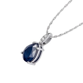 10k White Gold Genuine Pear-Shape Sapphire and Diamond Teardrop Pendant Necklace