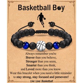 Basketball Gifts for Boys, Basketball Bracelet Gifts for Teenage Boys, Son Grandson Nephew Brother Basketball Presents for Birthday Christmas, Blue Tiger Eye Beaded Basketball Bracelet