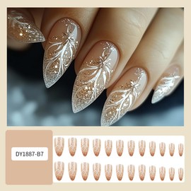 Glitter Press on Nails Medium with Flowers Designs Almond Fake Nails Sparkly False Nails Full Cover Cute Nude Acrylic Nail Art Tips Glossy Artificial Nails for Women Manicure 24 Pcs