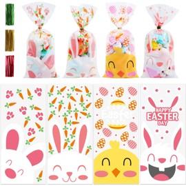 STEFORD Easter Plastic Treat Bags, 120 PCS Clear Cellophane Goodie Bags for Candy Cookie Sweets Gift with Twist Ties, 4 Style Bunny Chick Party Favor Bulk