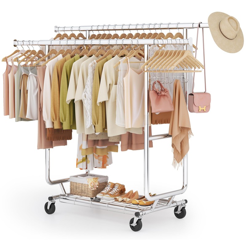 Heavy Duty Clothes Rack Load 620 Lbs, Double Rod Rolling