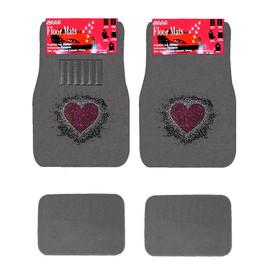 Universal Fit Front/Rear 4-Piece Full Set Crystal Bling Rhinestone Design Studded Carpet Car SUV Truck Floor Mats (Sweet Heart/Gray)