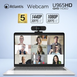 Atlantis Webcam 2K, 5 Mpixel 2560 x 1944/30fps and Full HD, Auto Focus, Dual Omidirectional Microphone, White Balance, 90° Viewing Angle, Suitable for Video Calls, USB, P015-U965HD