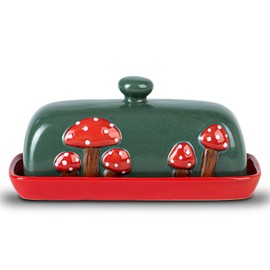 Mushroom Ceramic Butter Dish With Lid for Countertop - Red Container Tray, Large Covered