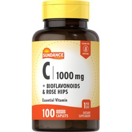 Sundance Vitamin C 1000mg with Rose HIPS & Bioflavonoids | 100 Coated Caplets | Vegetarian, Non-GMO and Gluten Free Supplement
