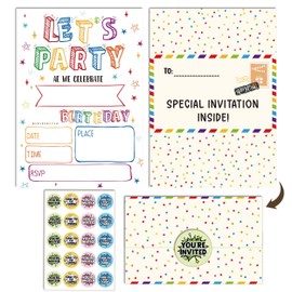 RPLCSPC Kids Birthday Invitations, Colorful Birthday Invite, 20 pcs Birthday Invite with 20 Stickers, Let's Party Fill-In Birthday Invitation, Birthday Party Invitations Cards Foldable Design-A13