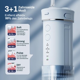 JTF Mini Oral Irrigator, Portable Electric Teeth Cleaning, Wireless, Travel Interdental Cleaner with 5 Replacement Nozzles, 4 Modes Water Flosser, 230 ml Retractable Water Tank, IPX7 Waterproof (Blue)
